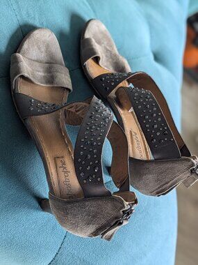 Apostrophe suede and sequin sandals with kitten heel